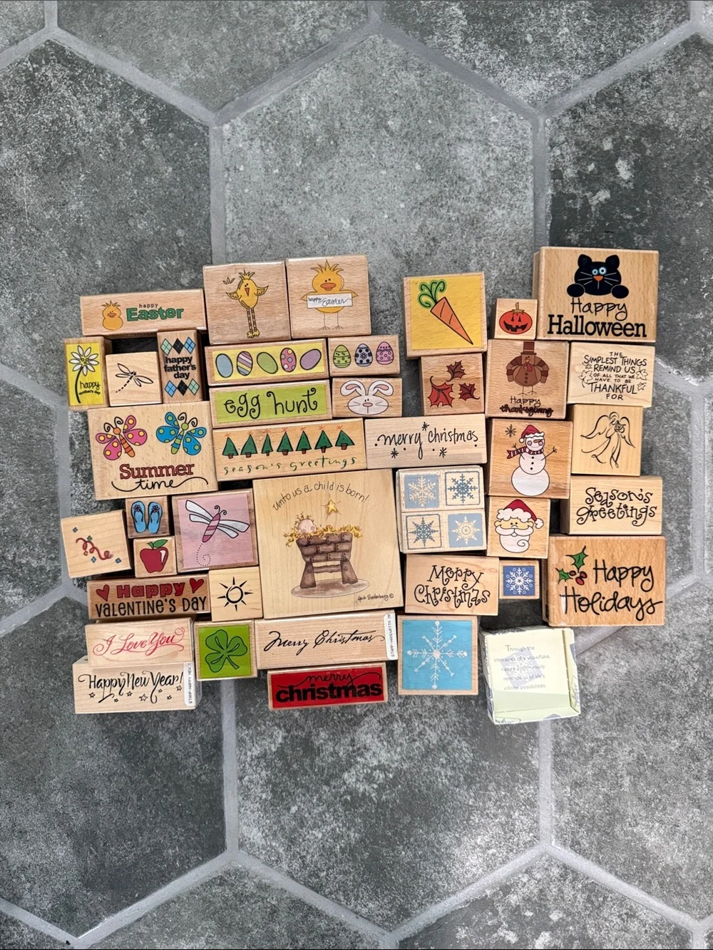 Giant Lot of 43 Mixed Holiday Wooden Rubber Stamps - Assorted Seasonal Designs